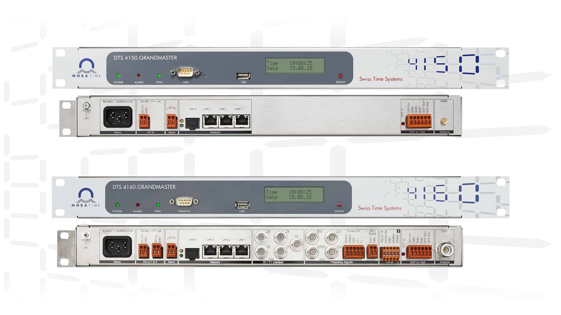 DTS 4160i DTS 4150, vue avant et arrière, PTP, NTP, serveur de temps, grand maître