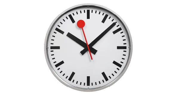 Front view of a Metro clock with red dial in SBB design