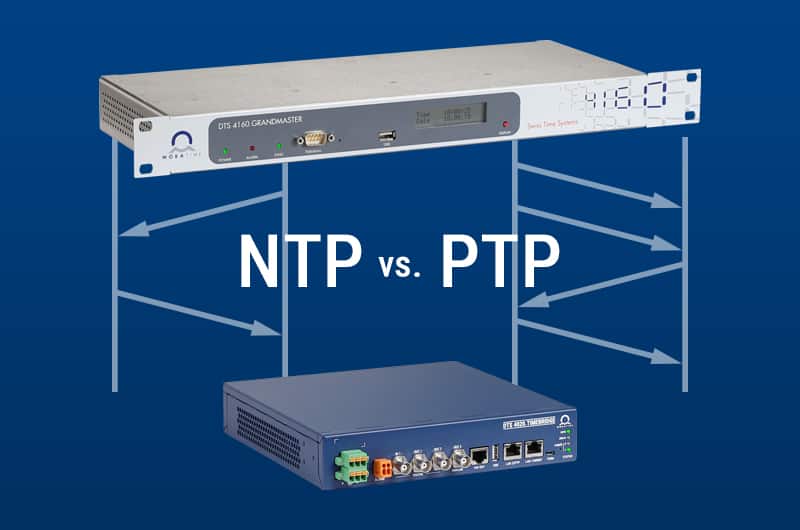 Imagen comparativa que ilustra las diferencias entre Network Time Protocol (NTP) y Precision Time Protocol (PTP)