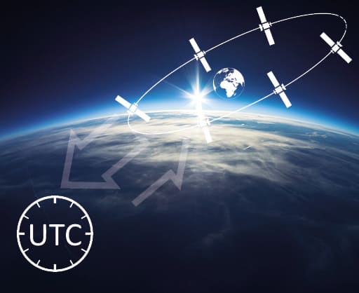 View of the earth's horizon with UTC icon and white outlined satellites