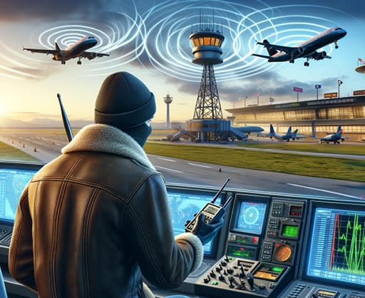 Airport controller with jammer against a background of soaring aircraft and radar screens