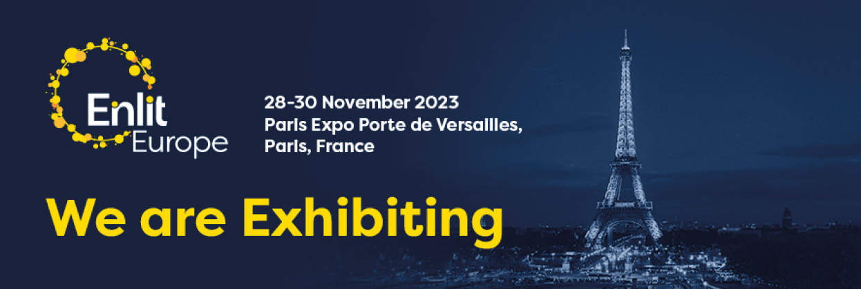 Enlit Banner 2023 Yellow lettering stating that we are exhibiting at Enlit including the logo and date of the exhibition