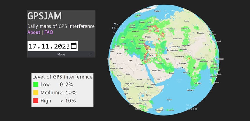 Interactive global map from GPSJAM.org showing the extent of GPS interference on November 17, 2023, with color codings for different interference intensity levels.