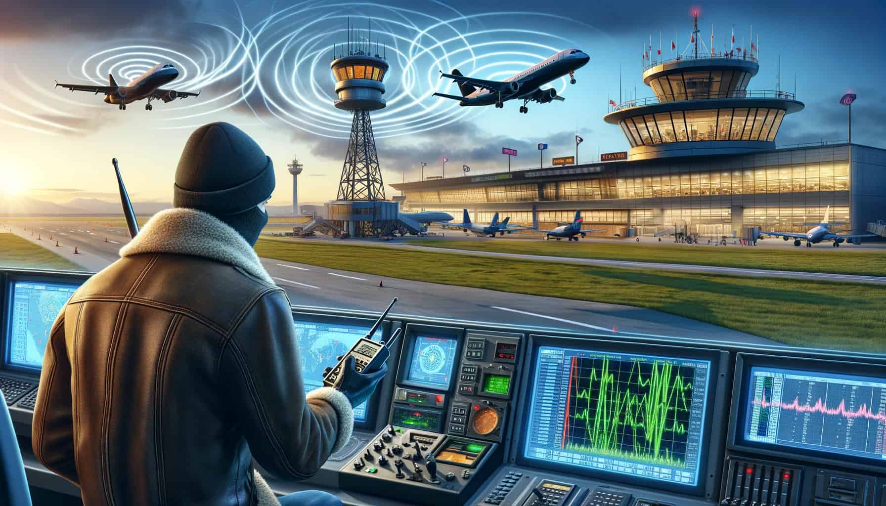 Airport controller with jammer against a background of soaring aircraft and radar screens