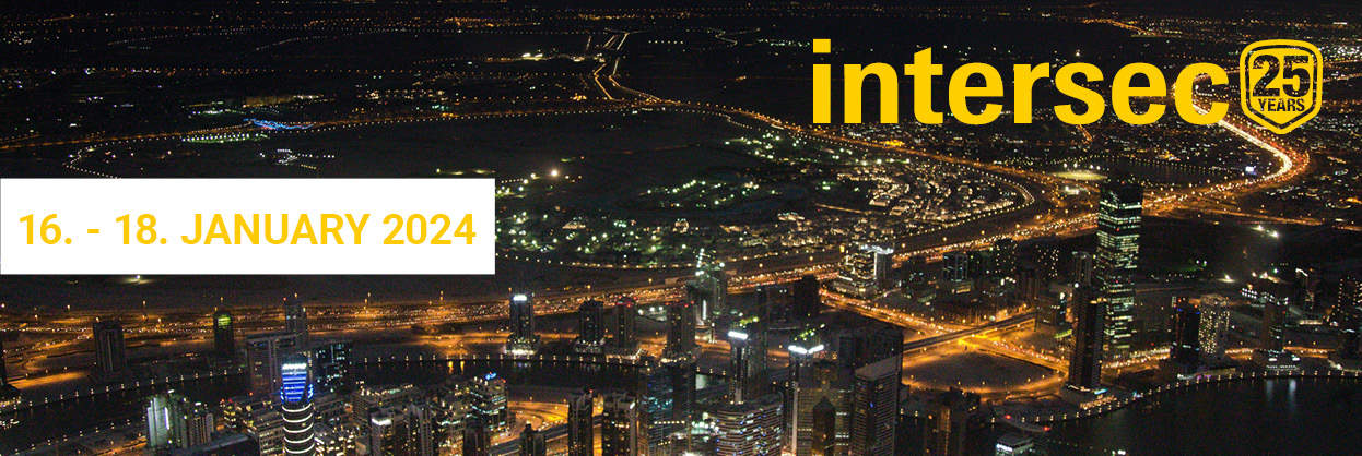 Night view of the Dubai skyline with striking lighting for Intersec 2024