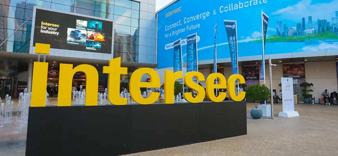 Yellow Intersec lettering Intersec, which is placed in front of the exhibition centre