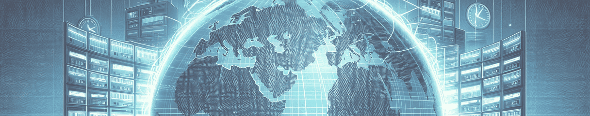 Panoramic view of the NTP pool, showcasing a digital globe with network time servers