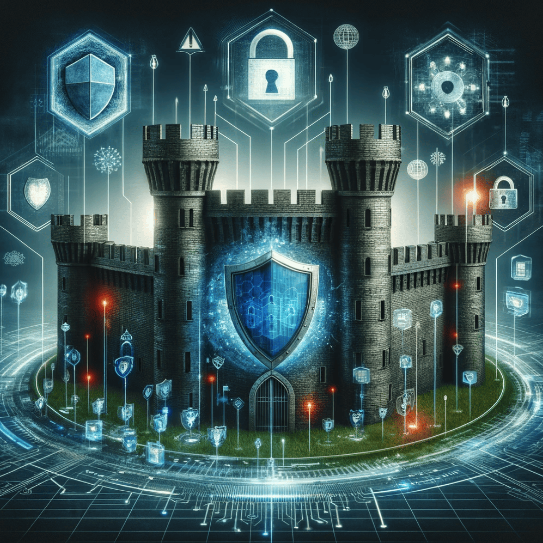 Digital illustration with various cybersecurity symbols such as shields, locks and digital codes in connection with DDoS protection
