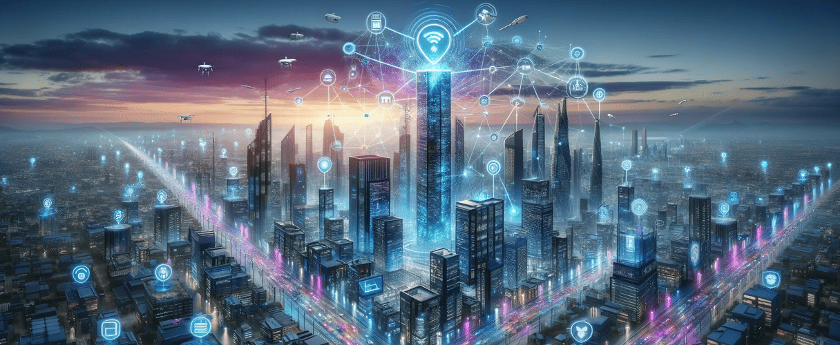 Futuristic city with IoT and NTP technologies at dusk