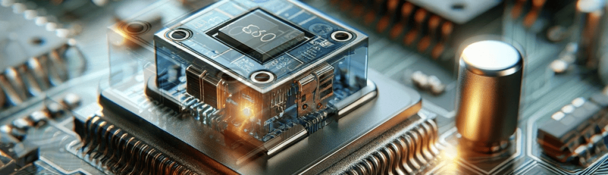 Close-up of an illuminated temperature-compensated crystal oscillator (TCXO) on a circuit board