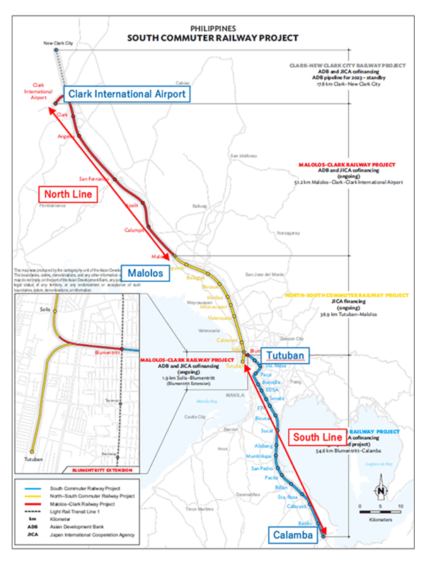 FAT Philippines Picture 3 Simplified schematic map of the North-South Commuter Railway (NSCR) alignment in the Philippines, showing the North Line to Clark and the South Line to Calamba via Tutuban and Malolos.