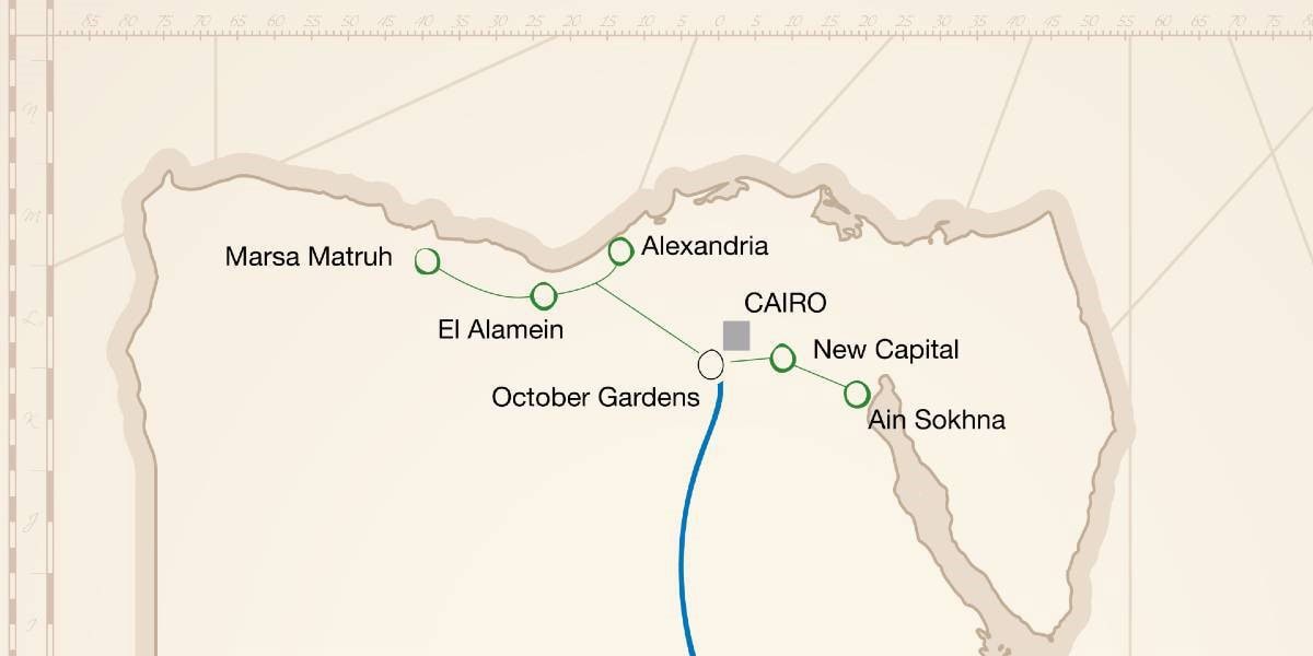 Map showing the route of Egypt’s High-Speed Rail (HSR) Green Line, connecting Ain Sokhna on the Red Sea to Marsa Matruh on the Mediterranean coast. The line passes through key stations including New Capital, Cairo, October Gardens, El Alamein, and Alexandria.
