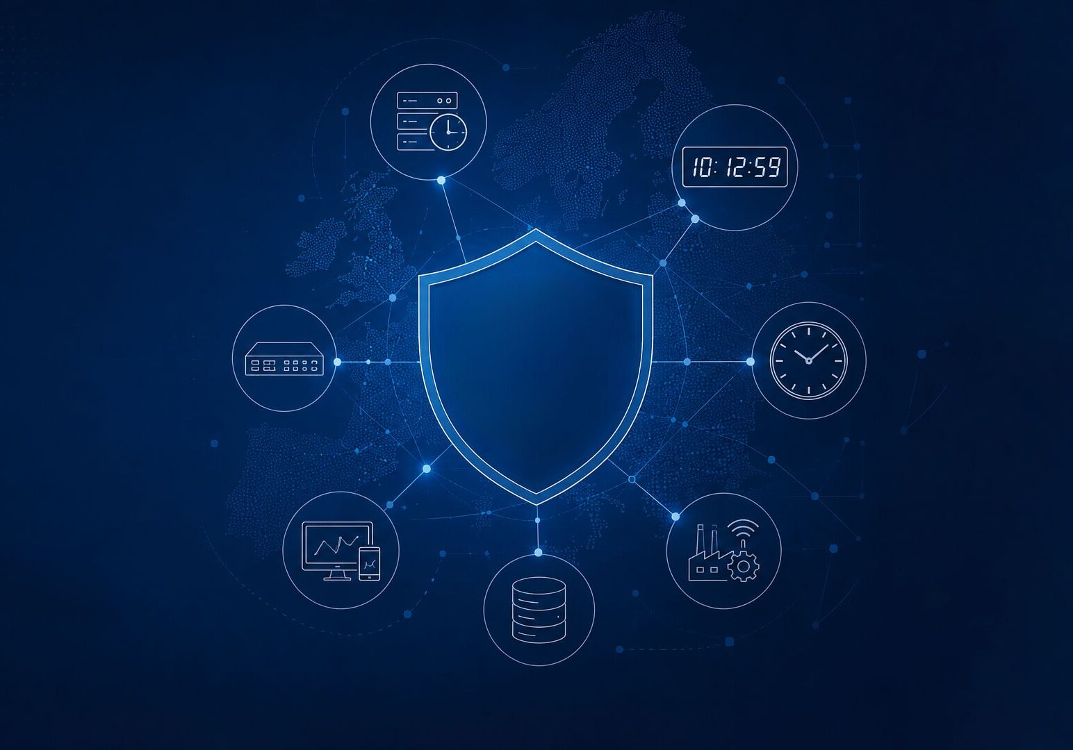 Abstract key visual for the Cyber Resilience Act (CRA), showing a central shield connected to network icons for time servers, digital and analogue clocks, IT systems, databases, and industrial devices, set against a dark blue digital map background.