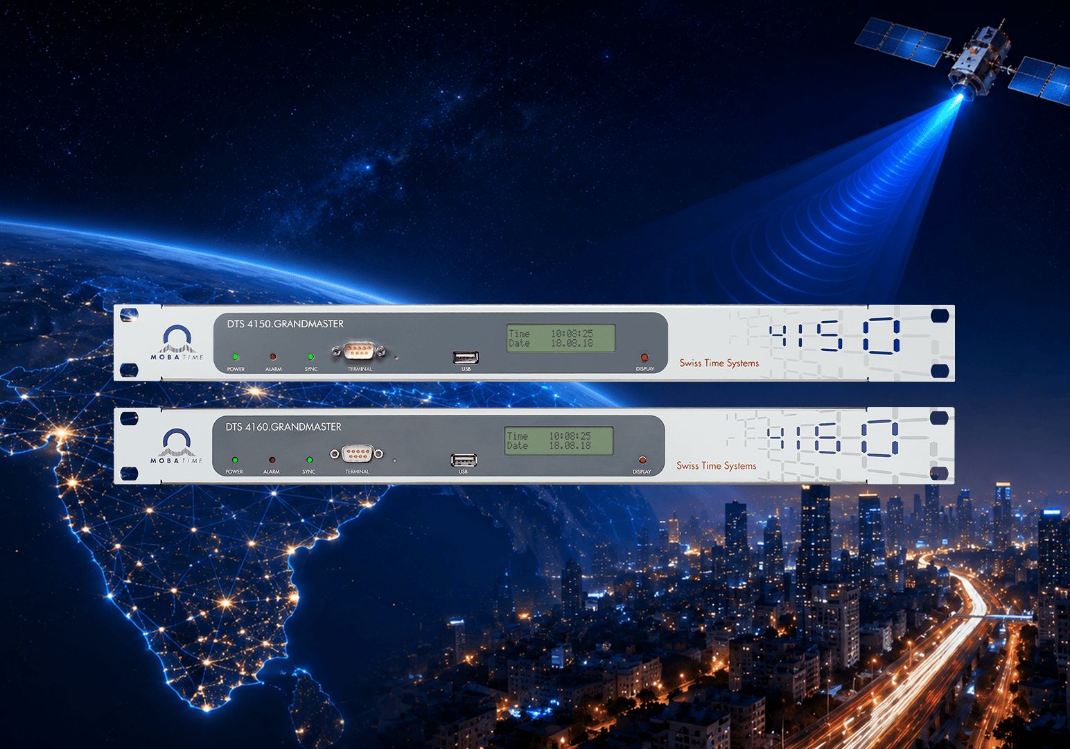 Vue nocturne futuriste de l'Inde depuis l'espace avec des connexions de réseau illuminées, un faisceau de signal satellite et une ligne d'horizon de ville moderne représentant la prise en charge par l'IRNSS/NavIC L5 de la synchronisation régionale du temps basée sur le GNSS.