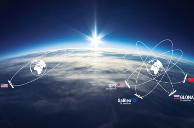 Vue de la terre depuis l'espace avec le lever du soleil en arrière-plan, montrant les systèmes mondiaux de navigation par satellite