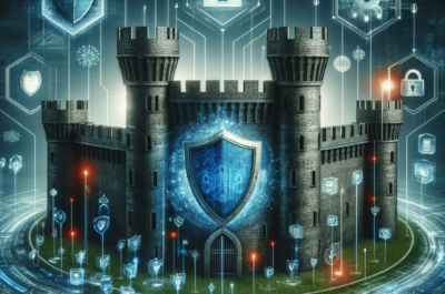 Digital illustration with various cybersecurity symbols such as shields, locks and digital codes in connection with DDoS protection