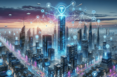 Ciudad futurista con tecnologías IoT y NTP al atardecer