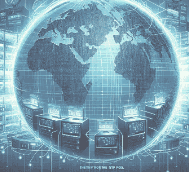 Stylised representation of the global NTP pool with server racks and a world map in the background
