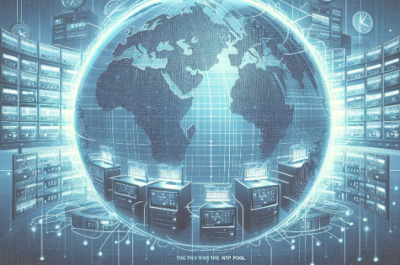 Representación estilizada del grupo NTP global con bastidores de servidores y un mapa mundial al fondo