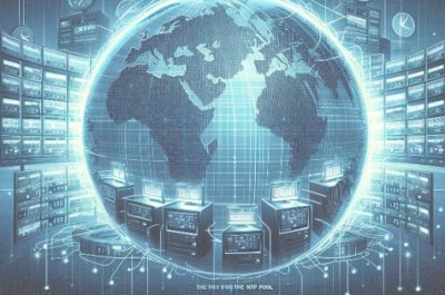 Stylised representation of the global NTP pool with server racks and a world map in the background