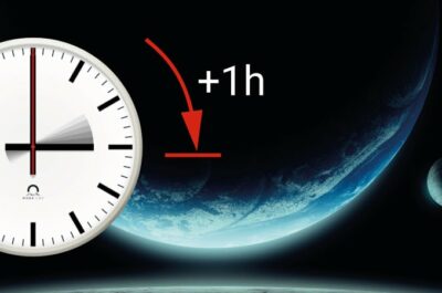 Une image stylisée d'une horloge MOBATIME sur un fond représentant l'espace, avec une flèche marquée en rouge et le texte "+1h" indiquant un changement d'heure