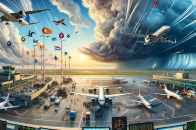 Detailed view of an airport runway with parked aircraft, highlighting the importance of time synchronization at airports