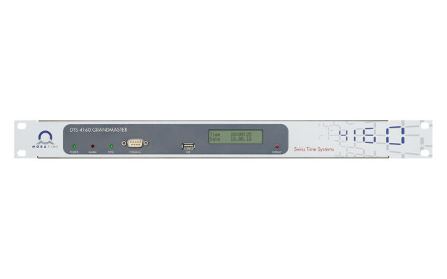 Mobatime dts4160-1 NTP PTP time server IEEE-1588 grandmaster DCF E1 SyncE pulse frequency phase synchronization IRIG front view