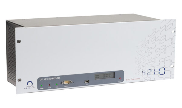 Mobatime dts4210-3 side view NTP PTP 16 network ports (IPv4/IPv6) E1,  DCF, pulse, frequenz phase synchronization side view