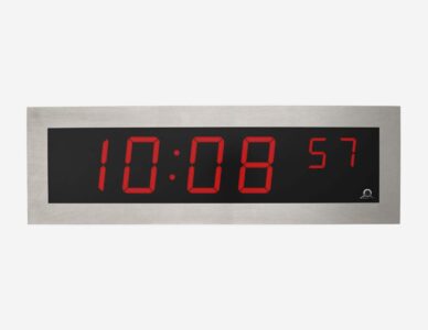 Mobatime SLH-DC, front view, indoor digital clock with stainless steel housing