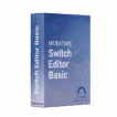 Caja azul con etiquetado Switch Editor Basic blanco y logotipo MOBATIME azul