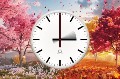 Horloge de style ferroviaire suisse indiquant 3:00 devant un paysage de printemps et d'automne mélangés, symbolisant le changement d'heure saisonnier pour l'heure d'été (DST).