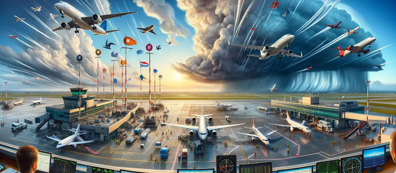 Vista detallada de la pista de un aeropuerto con aviones estacionados, que pone de relieve la importancia de la sincronización horaria en los aeropuertos