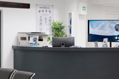 Salle d'attente montrée comme exemple pour les établissements de santé avec une horloge digitale d'intérieur MOBATIME DK comme image de prévisualisation.