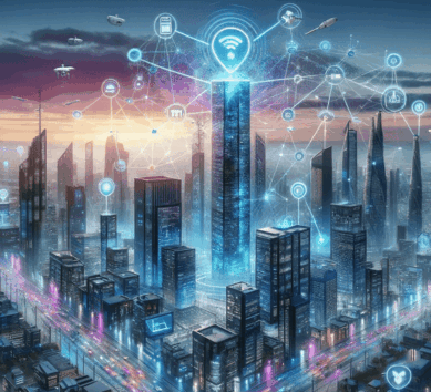Une ville futuriste dotée de technologies IoT et NTP au crépuscule