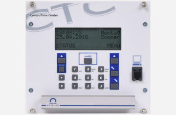Mobatime CTC masterclock display with keyboard, IRIG, MOBALine seriel telegram polarized impuls synchronization