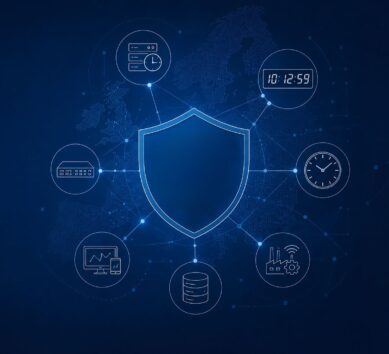 Abstract key visual for the Cyber Resilience Act (CRA), showing a central shield connected to network icons for time servers, digital and analogue clocks, IT systems, databases, and industrial devices, set against a dark blue digital map background.