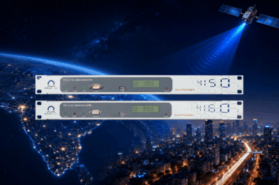 Vue nocturne futuriste de l'Inde depuis l'espace avec des connexions de réseau illuminées, un faisceau de signal satellite et une ligne d'horizon de ville moderne représentant la prise en charge par l'IRNSS/NavIC L5 de la synchronisation régionale du temps basée sur le GNSS.