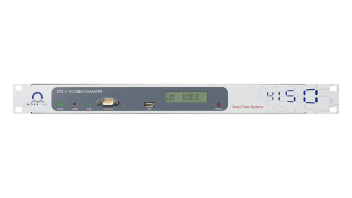 Mobatime DTS 4150 time server front view, PTP NTP SyncE, DCF