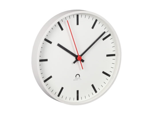 indoor clock analog Trend, Side view, white housing, white dial, black hands, red second hand.
