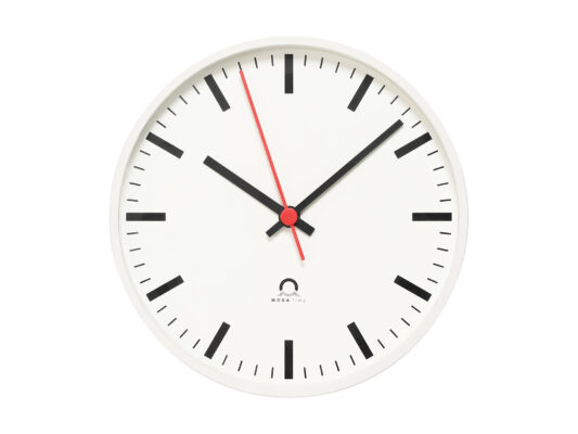 indoor clock analog Trend, front view, white housing, white dial, black hands, red second hand.