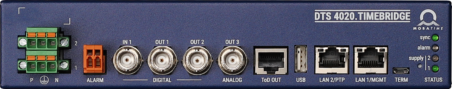 DTS 4020 front view, PTP-Slave, PTP NTP, IRIG, ToD, blue case, 