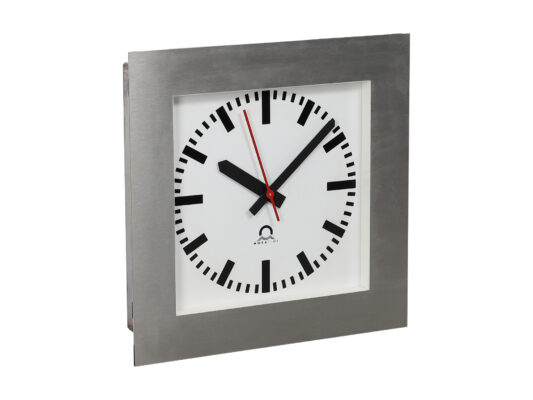 SLH-OP, side view, stainless steel metallic case, indoor analog clock