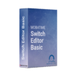 Boîte bleue avec étiquetage Switch Editor Basic blanc et logo MOBATIME bleu