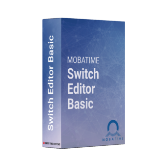 Blue box with white Switch Editor Basic labelling and blue MOBATIME logo